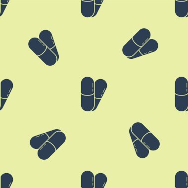 Mavi Köpek ve hap ikonu sarı arka planda izole edilmiş kusursuz desen. Hayvan için reçeteli ilaç. Vektör İllüstrasyonu