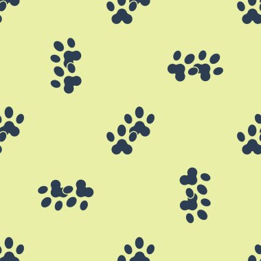 Mavi Paw yazdırma simgesi sarı arkaplandaki kusursuz deseni izole etti. Köpek ya da kedi pençesi izi. Hayvan izleri. Vektör İllüstrasyonu