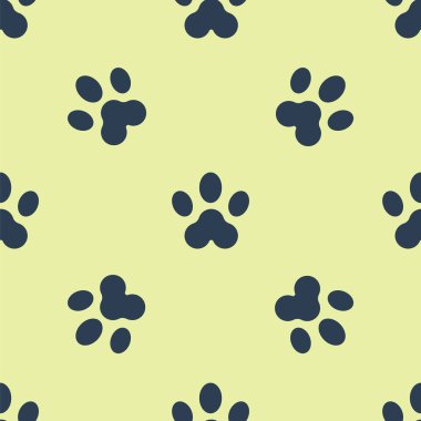 Mavi Paw yazdırma simgesi sarı arkaplandaki kusursuz deseni izole etti. Köpek ya da kedi pençesi izi. Hayvan izleri. Vektör İllüstrasyonu