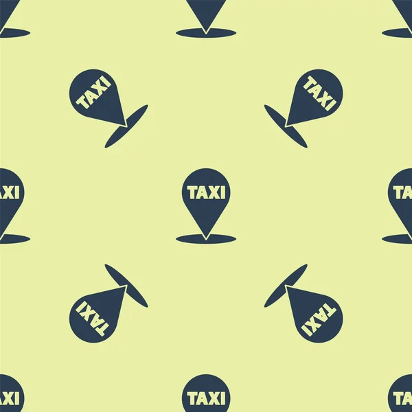 Blue Map pointer with taxi icon isolated seamless pattern on yellow background. Location symbol. Vector Illustration — Stock Vector
