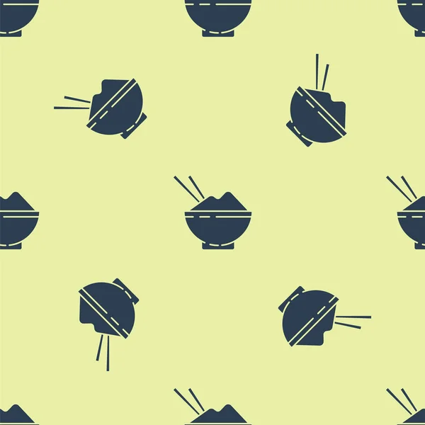 Blauer Reis in einer Schüssel mit Essstäbchen-Symbol isoliert nahtlose Muster auf gelbem Hintergrund. traditionelle asiatische Küche. Vektorillustration — Stockvektor