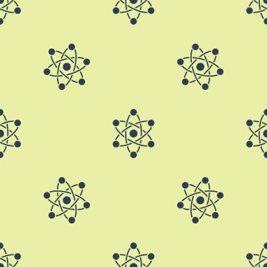 Mavi Atom simgesi sarı arkaplandaki kusursuz deseni izole etti. Bilimin, eğitimin, nükleer fiziğin, bilimsel araştırmaların sembolü. Vektör İllüstrasyonu