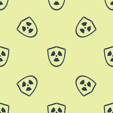 Mavi Radyoaktif, kalkan simgesinde izole edilmiş, sarı arkaplandaki pürüzsüz desen. Radyoaktif zehirli sembol. Radyasyon tehlikesi işareti. Vektör İllüstrasyonu