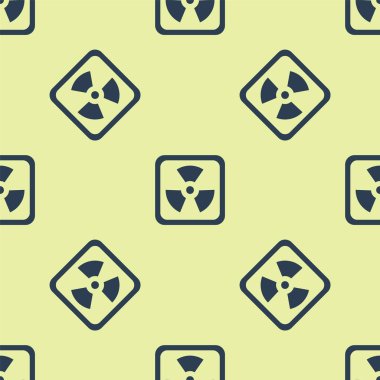 Mavi Radyoaktif simge sarı arkaplanda izole edilmiş pürüzsüz desen. Radyoaktif zehirli sembol. Radyasyon tehlikesi işareti. Vektör İllüstrasyonu