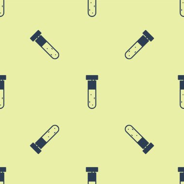Mavi test tüpü ve kimyasal test ikonu sarı arka planda izole edilmiş pürüzsüz desen. Laboratuvar cam levhası. Vektör İllüstrasyonu