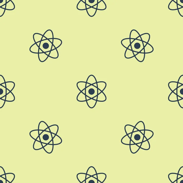 Icône Atome bleu isolé motif sans couture sur fond jaune. Symbole de la science, de l'éducation, de la physique nucléaire, de la recherche scientifique. Illustration vectorielle — Image vectorielle