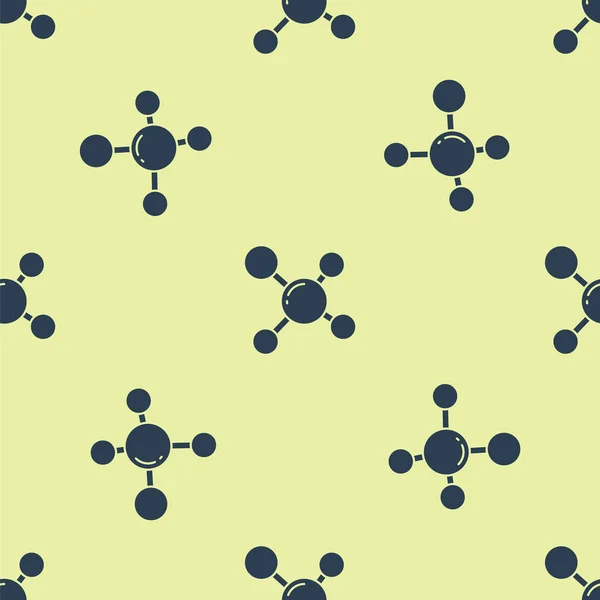 Ícone Molécula azul isolado padrão sem costura no fundo amarelo. Estrutura de moléculas em química, professores de ciências cartaz educacional inovador. Ilustração vetorial —  Vetores de Stock