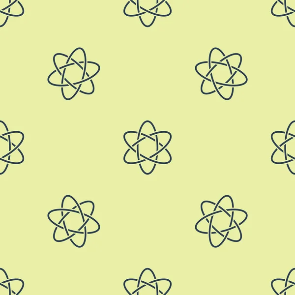 Icône Atome bleu isolé motif sans couture sur fond jaune. Symbole de la science, de l'éducation, de la physique nucléaire, de la recherche scientifique. Illustration vectorielle — Image vectorielle