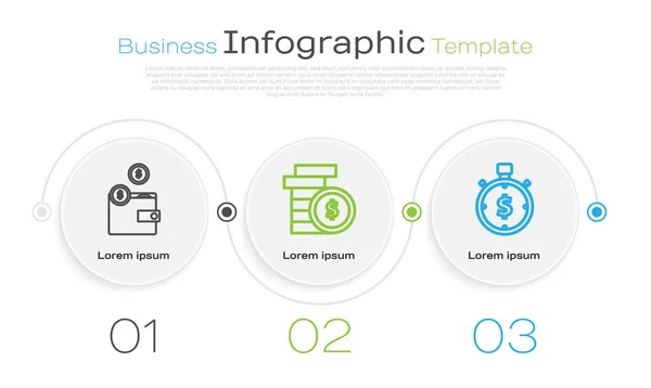 Definir linha Carteira com moedas, Moeda dinheiro com símbolo de dólar e Tempo é dinheiro. Modelo de infográfico de negócios. Vetor — Vetor de Stock