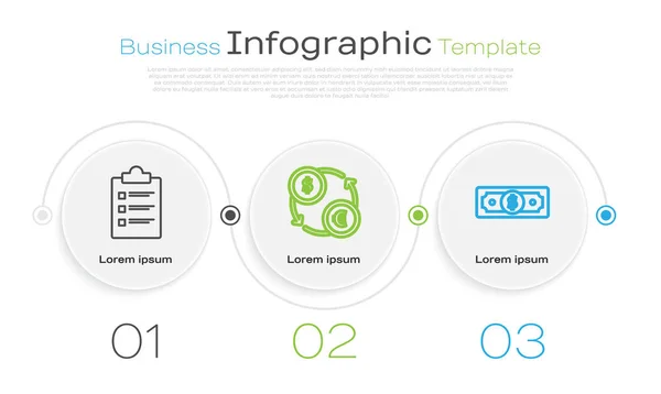 Establecer la línea portapapeles con lista de verificación, Cambio de moneda y dinero en efectivo de papel Pilas. Plantilla de infografía empresarial. Vector — Vector de stock