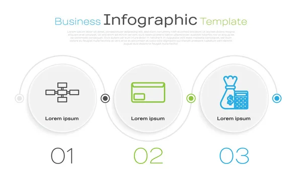 行の設定ビジネス階層の組織図インフォグラフィック、エンベロープ、計算機をマネーバッグ付きで表示します。ビジネスインフォグラフィックテンプレート。ベクトル — ストックベクタ