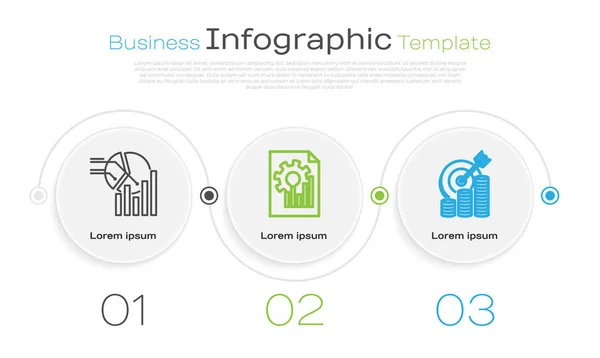 Definir linha gráfico de pizza infográfico, Documento com gráfico gráfico e Alvo com símbolo de moeda. Modelo de infográfico de negócios. Vetor — Vetor de Stock