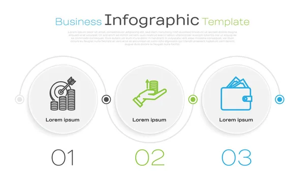 Definir linha Alvo com símbolo de moeda, Dinheiro na mão e Carteira com pilhas dinheiro em papel. Modelo de infográfico de negócios. Vetor — Vetor de Stock