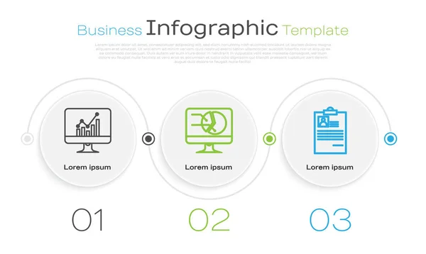 Definir linha Monitor de computador com gráfico gráfico, monitor de computador com gráfico gráfico e área de transferência com currículo. Modelo de infográfico de negócios. Vetor — Vetor de Stock