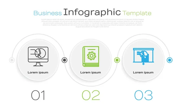 Definir linha Monitor de computador com gráfico gráfico, Manual do usuário e placa com gráfico gráfico. Modelo de infográfico de negócios. Vetor — Vetor de Stock