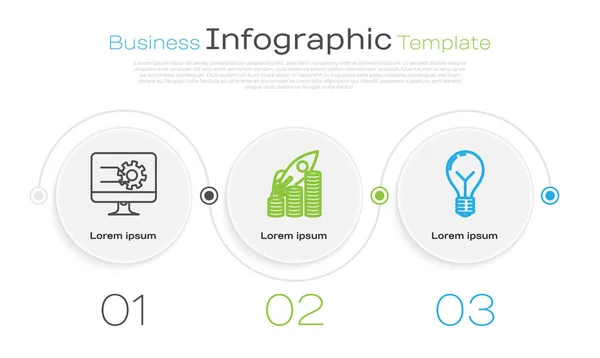 Definir linha Monitor de computador com gráfico gráfico, foguete voando para cima no gráfico de crescimento de moedas e lâmpada com conceito de ideia. Modelo de infográfico de negócios. Vetor — Vetor de Stock