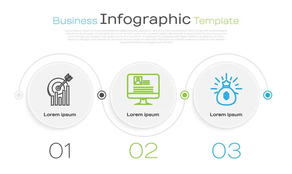 Set line Target with graph chart, Computer monitor with resume and Money bag. Business infographic template. Vector — ストックベクタ