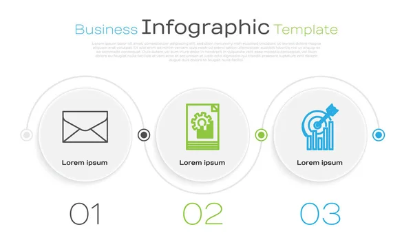 Definir linha Envelope, Documento com gráfico gráfico e Alvo com gráfico gráfico. Modelo de infográfico de negócios. Vetor — Vetor de Stock