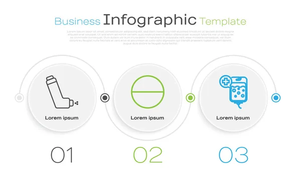 Set-Line-Inhalator, Medikamentenpille oder Tablette und Beutel. Geschäftsinfografische Vorlage. Vektor — Stockvektor