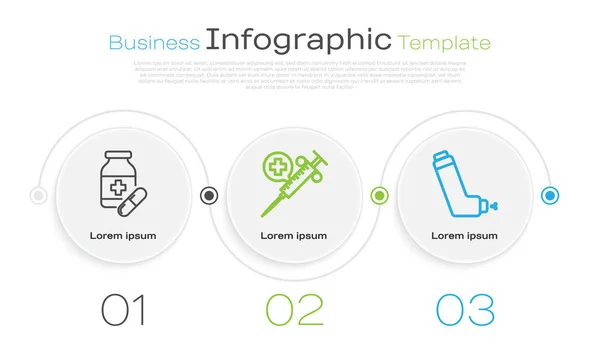 Set line Medicine bottle and pills, Medical syringe with needle and Inhaler. Business infographic template. Vector — Stock Vector
