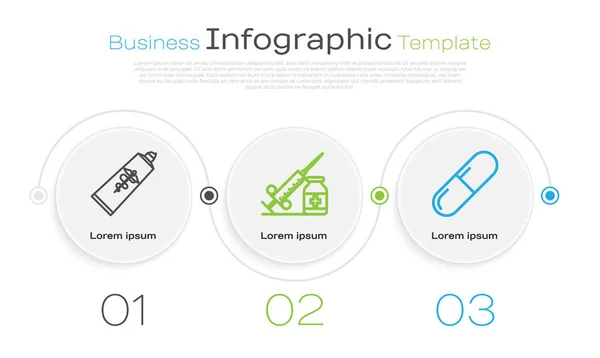セットライン軟膏クリームチューブ医学、針とバイアルまたはアンプルと医療用注射器薬やタブレット。ビジネスインフォグラフィックテンプレート。ベクトル — ストックベクタ