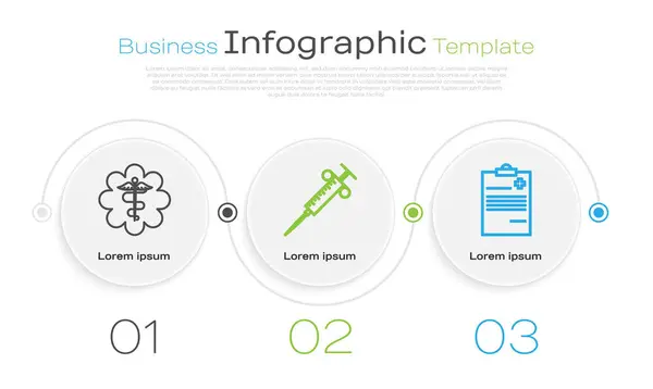 Set line Símbolo médico estrella de emergencia Serpiente caduceus con palo, jeringa y portapapeles médico con historia clínica. Plantilla de infografía empresarial. Vector — Vector de stock