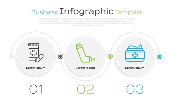 Definir linha garrafa de medicina e comprimidos, Inalador e pomada remédio tubo de creme. Modelo de infográfico de negócios. Vetor — Vetor de Stock