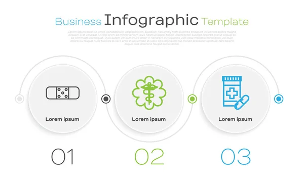 Definir linha Bandage gesso, estrela de emergência símbolo médico Caduceus cobra com vara e medicina garrafa e pílulas. Modelo de infográfico de negócios. Vetor — Vetor de Stock
