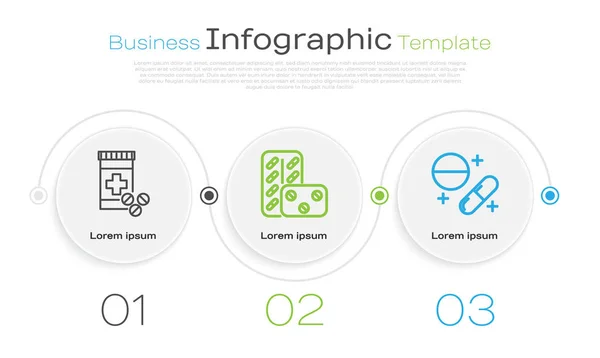 Встановіть лінію Медична пляшка і таблетки, таблетки в блістерній упаковці і таблетки або таблетки. Бізнес-інфографічний шаблон. Векторні — стоковий вектор