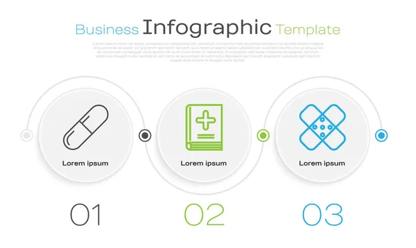 Set line Medicine pill or tablet, Medical book and Crossed bandage plaster. Business infographic template. Vector — Stock Vector