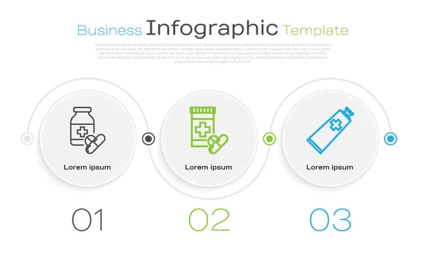 Definir linha garrafa de medicina e pílulas, garrafa de medicina e pílulas e pomada remédio tubo de creme. Modelo de infográfico de negócios. Vetor — Vetor de Stock