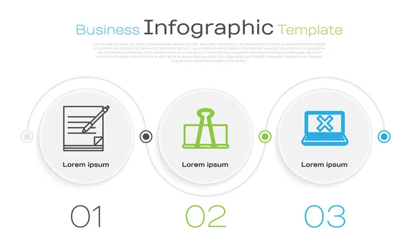 Definir linha em branco notebook e caneta, clip Binder e Laptop e marca cruzada na tela. Modelo de infográfico de negócios. Vetor — Vetor de Stock