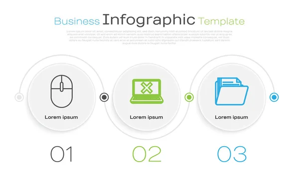 Definir linha Mouse de computador, Laptop e marca cruzada na tela e pasta Documento. Modelo de infográfico de negócios. Vetor — Vetor de Stock