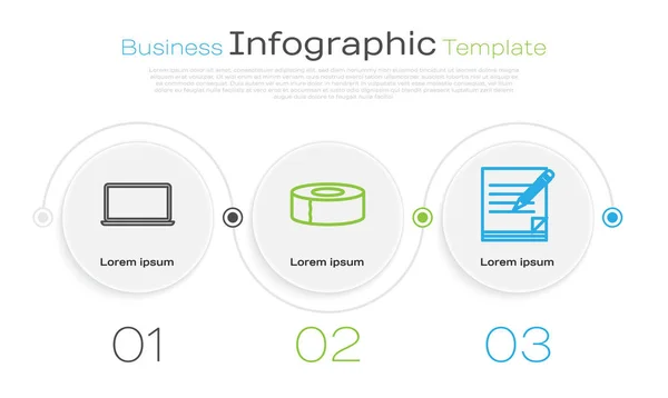 Definir linha Laptop, Scotch e Blank notebook e lápis com borracha. Modelo de infográfico de negócios. Vetor — Vetor de Stock