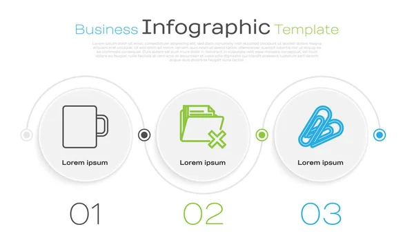 Definir linha xícara de café, Excluir pasta e clipe de papel. Modelo de infográfico de negócios. Vetor — Vetor de Stock