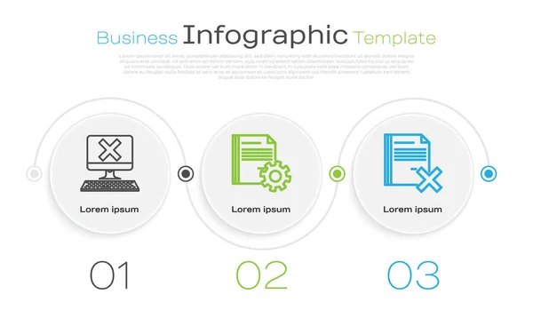 Definir linha Computador com teclado e marca x, Configurações de documentos com engrenagens e Excluir documento de arquivo. Modelo de infográfico de negócios. Vetor — Vetor de Stock