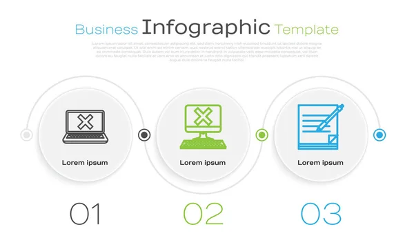 Definir linha Laptop e marca cruzada na tela, Computador com teclado e marca x e notebook e caneta em branco. Modelo de infográfico de negócios. Vetor — Vetor de Stock