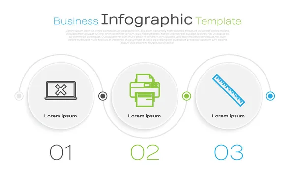 Definir linha Laptop e marca cruzada na tela, impressora e régua. Modelo de infográfico de negócios. Vetor — Vetor de Stock