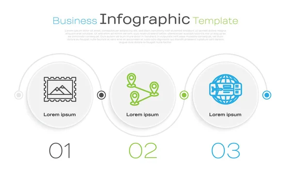 Indstil linje Poststempel og bjerge, Rute placering og flybillet. Business infografik skabelon. Vektor – Stock-vektor