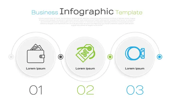 Definir linha Carteira com pilhas de papel dinheiro em dinheiro, tag por cento de desconto e Sinalização pendurado. Modelo de infográfico de negócios. Vetor — Vetor de Stock