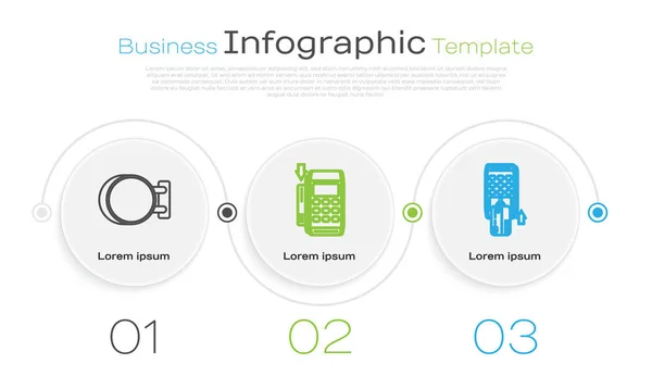 Ligne fixe Panneau suspendu, terminal Pos avec carte de crédit insérée et terminal Pos avec carte de crédit insérée. Modèle d'infographie d'entreprise. Vecteur — Image vectorielle