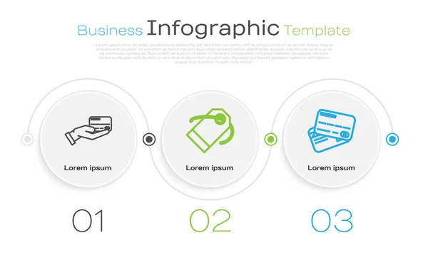 Definir linha mão humana segurando com cartão de crédito, etiqueta em branco preço do modelo de etiqueta e cartão de crédito. Modelo de infográfico de negócios. Vetor — Vetor de Stock