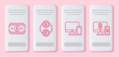 Hat Stacks kağıt para, para değişimi, bilgisayar monitörü ve cep telefonu ve cep telefonu ve bitcoin ile bilgisayar monitörü ayarlayın. Beyaz dikdörtgen düğme. Vektör