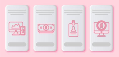 Bilgisayar monitörü ve cep telefonunda Finansal şema ya da grafik, Yığınla kağıt para, kimlik kartı ve Sterling sembollü bilgisayar monitörü ayarlayın. Beyaz dikdörtgen düğme. Vektör