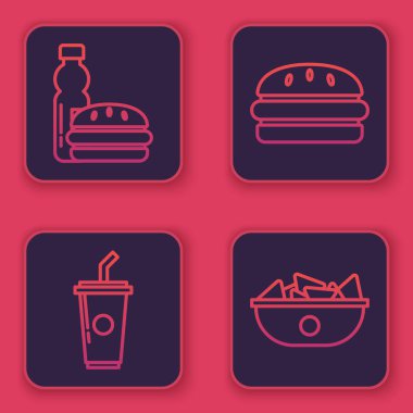 Bir şişe su ve burger, kamış ve su içen kağıt bardaklar, tabakta hamburger ve cips. Mavi kare düğme. Vektör