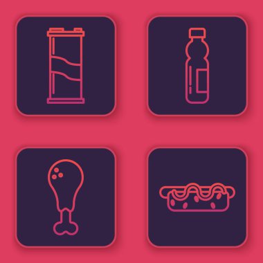 Soda kutusu, tavuk budu, bir şişe su ve hardallı Hotdog sandviçi. Mavi kare düğme. Vektör