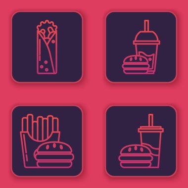 Çizgi halinde Doner kebabı, Burger ve patates kızartması karton paket kutusunda, kamış, burger ve kamış ve burger içilen kağıt bardakta olsun. Mavi kare düğme. Vektör