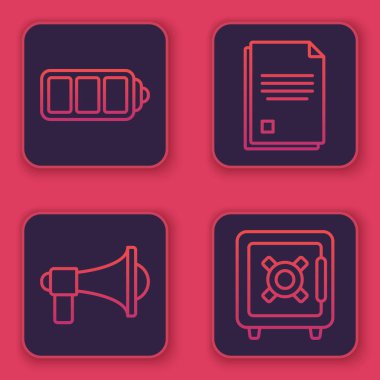 Hat Batarya şarj seviyesi göstergesi, Megaphone, Dosya belgesi ve Güvenli 'yi ayarla. Mavi kare düğme. Vektör