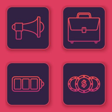 Megafon hattı, pil şarj seviyesi göstergesi, dolar sembollü çanta ve madeni para. Mavi kare düğme. Vektör