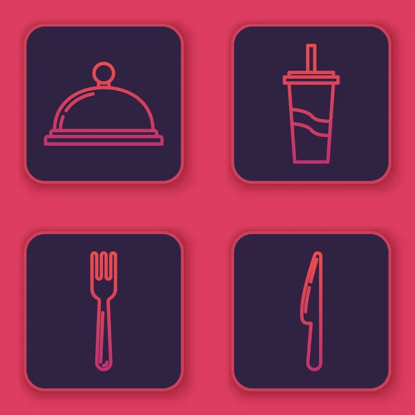 Set line Cubierto con una bandeja de comida, tenedor, vaso de papel con paja para beber y agua y cuchillo. Botón cuadrado azul. Vector — Archivo Imágenes Vectoriales